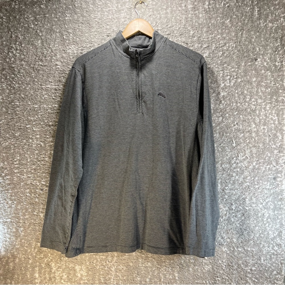 Tommy Bahama Sweatshirt Men L Gray Black 1/4 Zip‎ Pullover Cotton Modal Striped